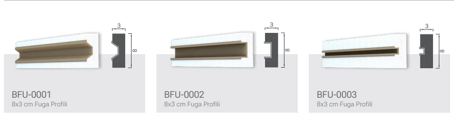 Fuga Profilleri ürün modelleri, kodları ve teknik çizimleri