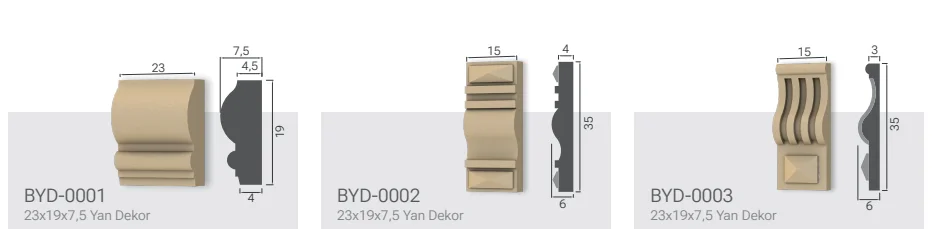Yan Dekorlar ürün modelleri, kodları ve teknik çizimleri